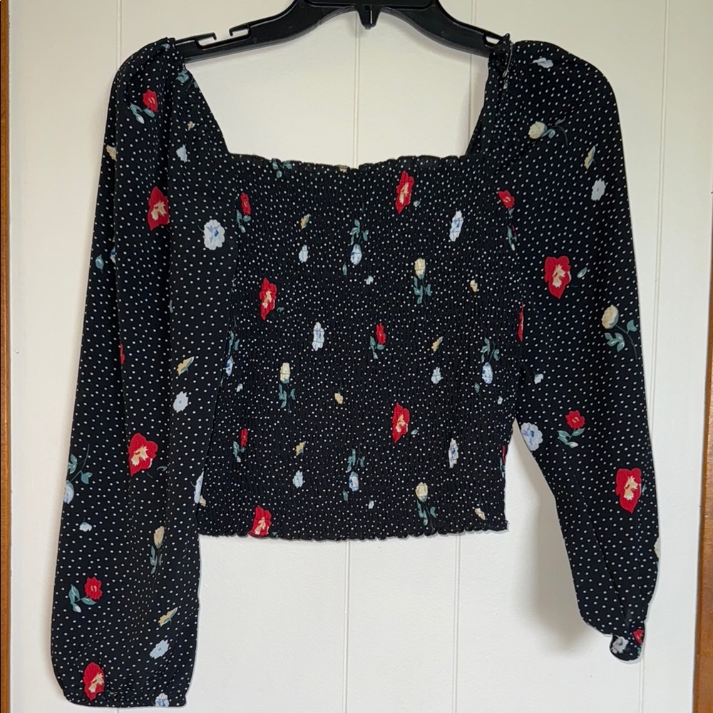 Abercrombie & Fitch Blue and Red Puff Sleeve Smocked Crop Blouse